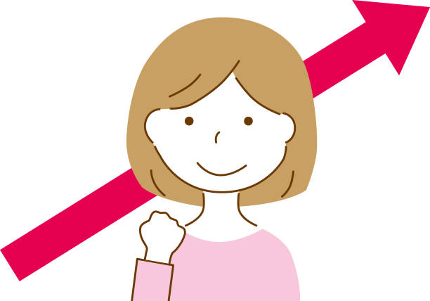 ilustraciones, imágenes clip art, dibujos animados e iconos de stock de gatsu pōzu o suru josei to uwamuki yajirushi - siguiente nivel expresión