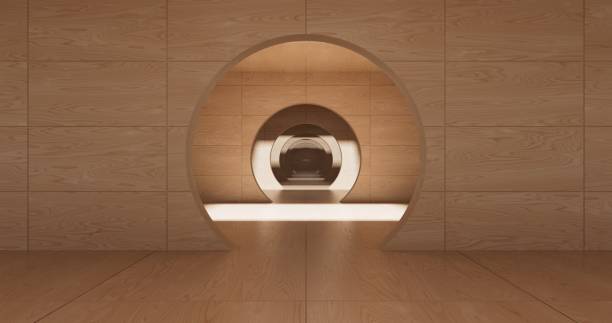 Circular cutouts in a wooden structure, forming a tunnel-like passageway with repeating arcs. The natural wood grain contrasts with the cool, smooth floor