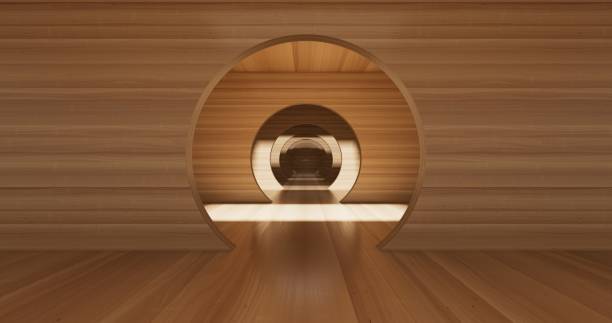 istock Wooden structure featuring circular cutouts, creating a tunnel effect with a repeating arcs 2174549127
