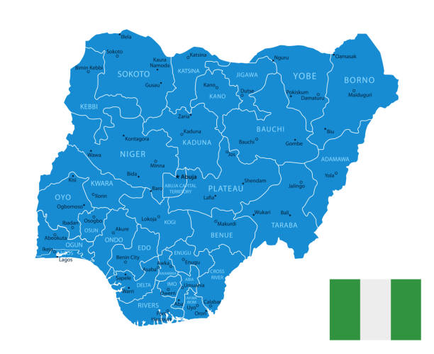 nigérie - podrobná modrá mapa země s městy a regiony. - kano stock ilustrace