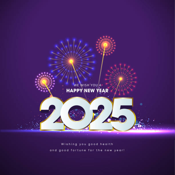 ilustraciones, imágenes clip art, dibujos animados e iconos de stock de feliz año nuevo 2025 texto gráfico navideño con fondo dorado de fuegos artificiales - 2025