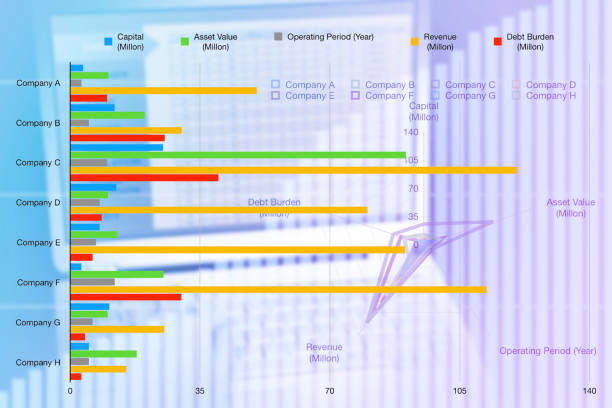 istock Bar chart and radar graph showing comparison of operating factors between companies. 2174569180