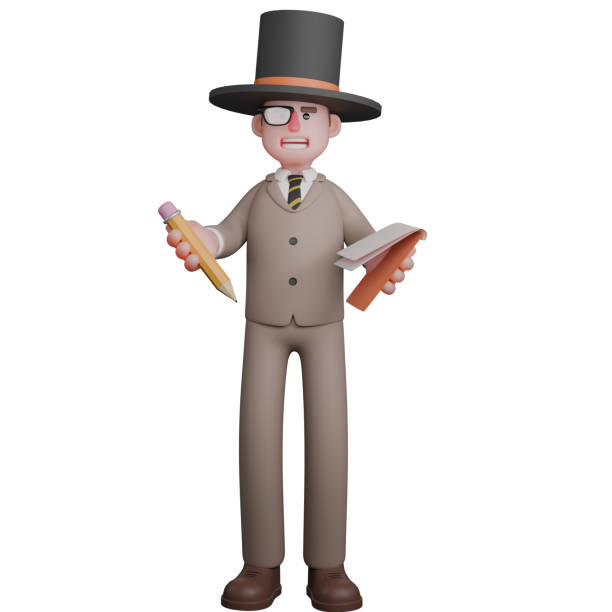 Male Legal Artist 3D Model. A male lawyer is seen standing wearing a magic hat and white single-sided glasses while his right hand is holding a pencil while his left hand is carrying a brown-covered long. Lawyer Cartoon modelo 3d de artista legal masculino. se ve a un abogado de pie con un sombrero mágico y anteojos blancos de un solo lado, mientras que su mano derecha sostiene un lápiz mientras que su mano izquierda lleva un largo cubierto de marrón. caricatura de abo