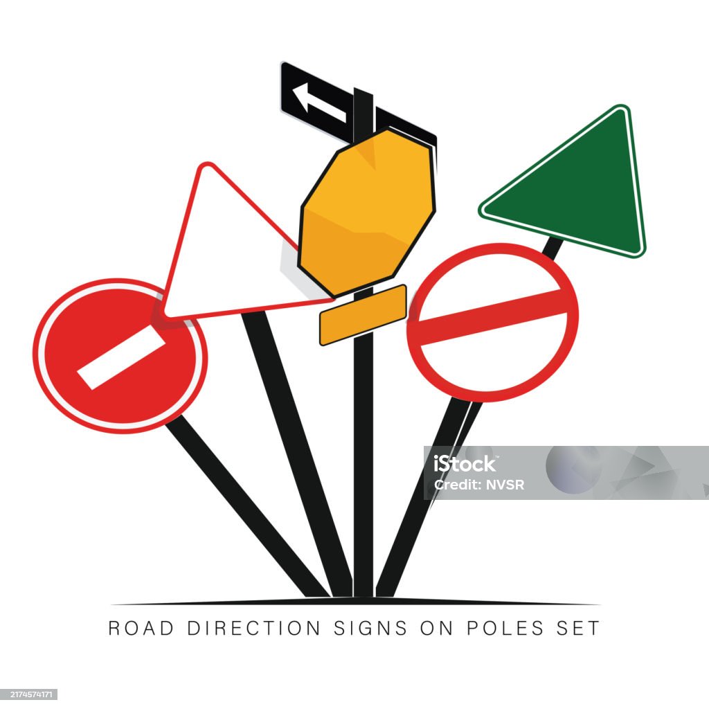 Direction Sign Set Road Direction Signs On Poles Set Stock Illustration - Download Image ...