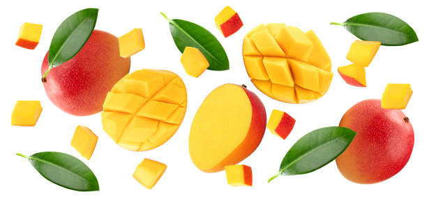 istock flying mango with slices and green leaves isolated on white background. clipping path 2174574250