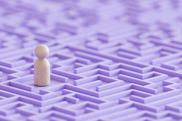 Pawn in blue maze. Digitally generated image. 3d render.