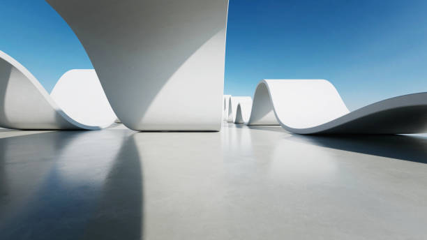 istock 3d render of abstract wavy structure, futuristic architecture with empty concrete floor 2174576555