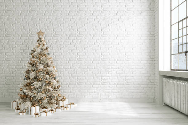 Empty Room With Christmas Tree, Ornaments, Gift Boxes And  Blank Brick Wall