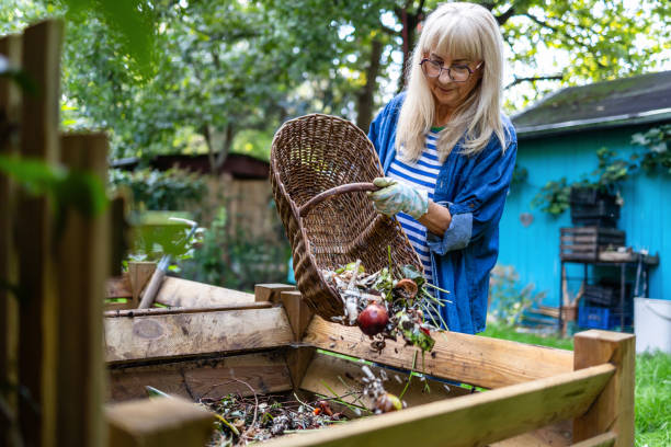 istock Senior woman throwing vegetable scraps into a compost heap in the backyard 2174599152