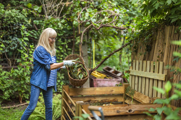 istock Senior woman throwing vegetable scraps into a compost heap in the backyard 2174599196