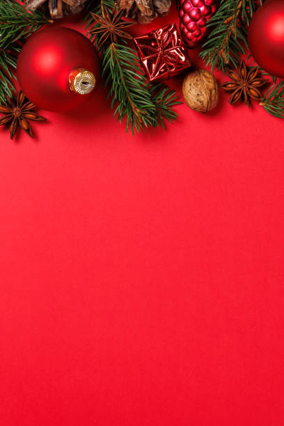 istock Christmas decoration card with balls baubles background portrait format and copyspace copy space 2174607065
