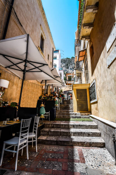 istock Cobbled city streets with steps in Taormina, Sicily, Italy 2174609320