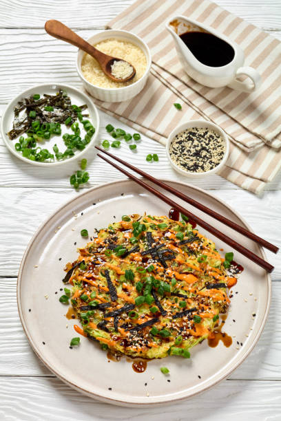 istock Japanese pancake with cabbage on a plate, top view 2174609718