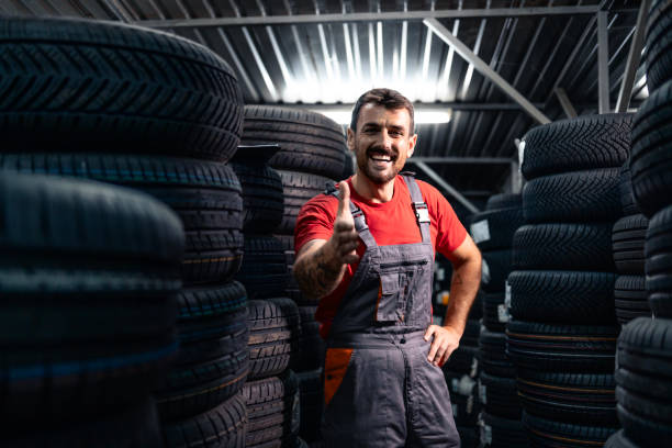 Arranging new tires for sale.