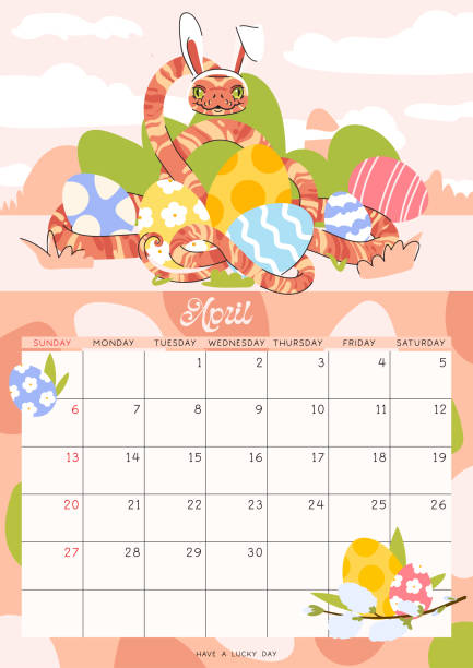 Vertical page calendar for April 2025 with Easter snake. The symbol of the year of snake. Week starts on Sunday. Vector illustration flat cartoon style Vertical page calendar for April 2025 with Easter snake. The symbol of the year of dragon. Week starts on Sunday. Vector illustration cartoon style python-egg stock illustrations