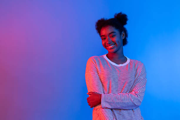 istock Profile smiling African American afro isolated light gradient. Contrivance. 2174614000