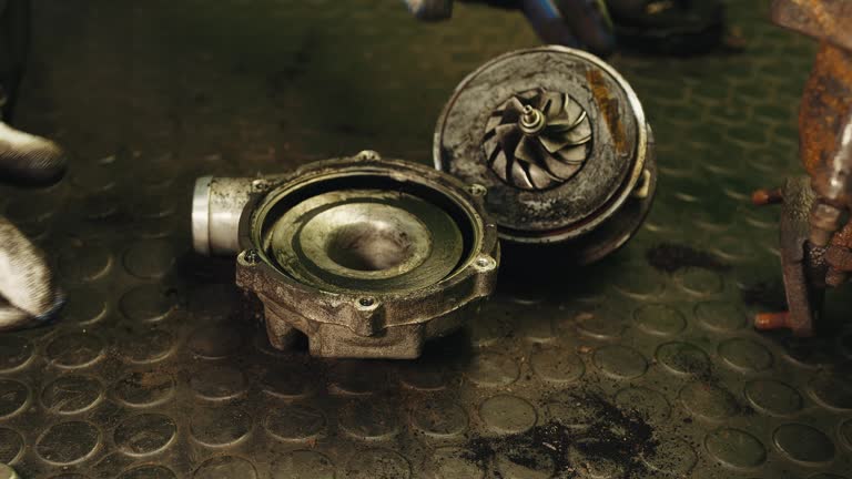 Car mechanic in white gloves disassembles inside the car engine part turbine  filled with rust and carbon deposits