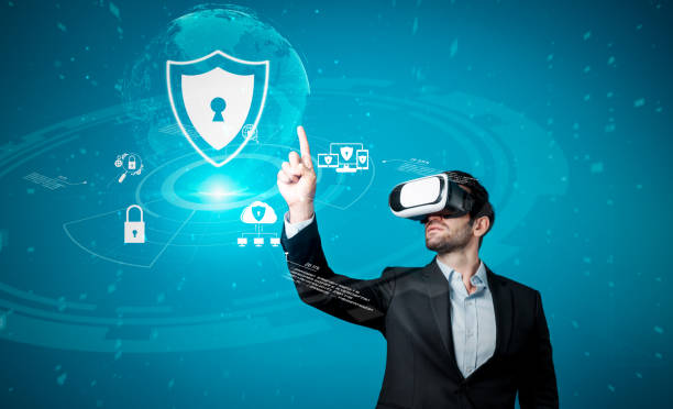 istock Manager wearing VR glasses while look at hologram of security system. Deviation. 2174615166