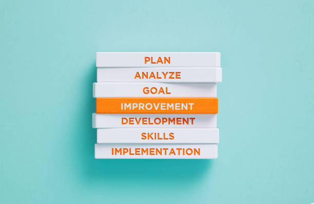 istock Improvement Related Words Written Wood Blocks On Blue Background - Improvement Concept 2174623452