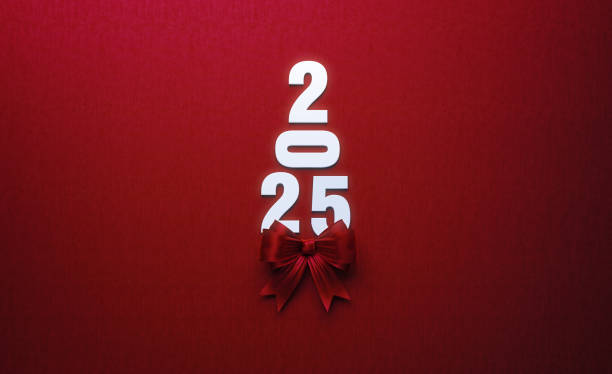 istock 2025 Text Forming A Christmas Tree with Red Bow Tie on Red Background 2174625420