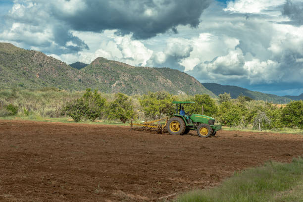Fotavi, namibia-january 10, 2024: armer with green tractor prepares field for sowing, Otavi, Namibia