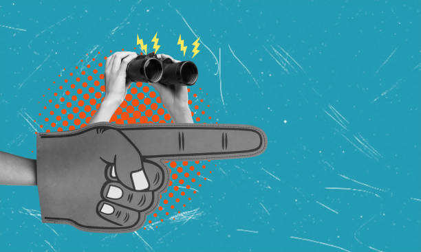 istock Modern art collage depicting hands holding binoculars and hands pointing in a direction on a blue background with space for text. 2174634829