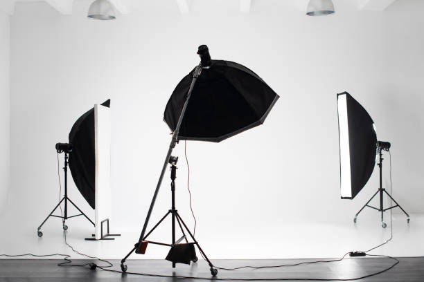 istock Photo studio equipment. A white cyclorama and three light sources - an octobox and two stripboxes. 2174636192