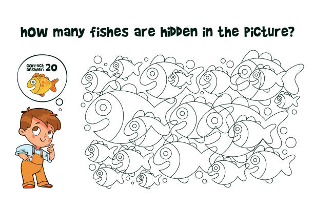 Count how many fishes are hidden in the picture. How many items are in picture. Educational game for children Count how many fishes are hidden in the picture. How many items are in picture. Educational game for children. Colorful cartoon characters. Funny vector illustration. Isolated on white background multiplication worksheet stock illustrations