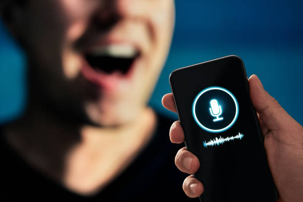 Voice recognition, AI speech generator or audio recording app on phone. Deep fake vocal sound. Mic icon and record wave. Deepfake scam. Virtual clone. Chat message. stock photo