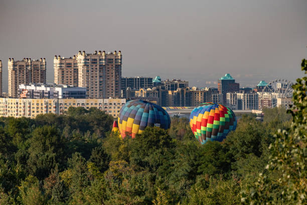 Bright hot air balloon in the park