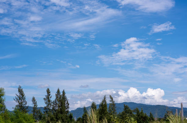 Panoramic view of clear blue sky and clouds, Blue sky background with tiny clouds. White fluffy clouds in the blue sky. Captivating stock photo featuring the mesmerizing beauty of the sky and clouds.
