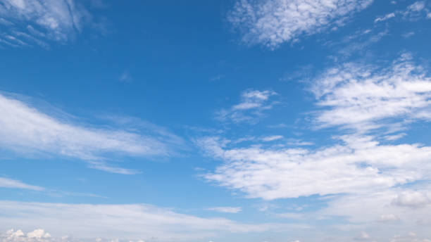 istock Panoramic view of clear blue sky and clouds, Blue sky background with tiny clouds. White fluffy clouds in the blue sky. Captivating stock photo featuring the mesmerizing beauty of the sky and clouds. 2174655802
