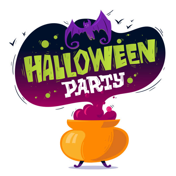 Halloween party. Bat and bubbling cauldron. Design template for festive events and creepy-themed invitations. Vector illustration Halloween party. Bat and bubbling cauldron. Design template for festive events and creepy-themed invitations. Vector illustration. disco themed party stock illustrations