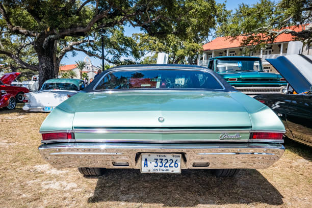 Gulfport, MS - October 03, 2023: High perspective rear view of a 1968 Chevrolet Chevelle Malibu Hardtop Coupe at a local car show.