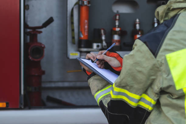 Checking fire equipment in a fire truck