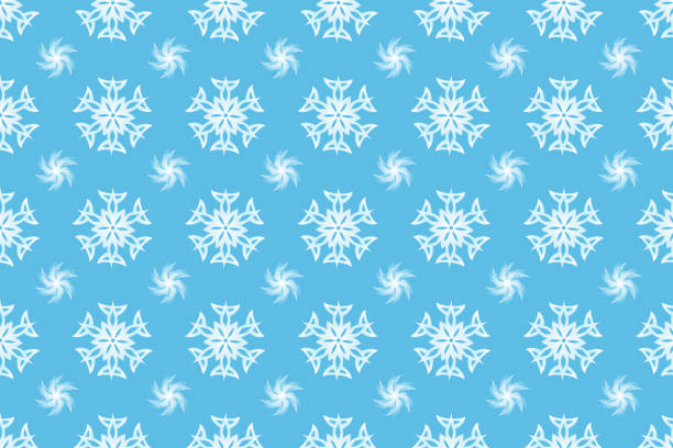 Seamless pattern with blue shining volumetric snowflake isolated on light blue background. 3d render on a Christmas theme