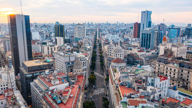 Aerial view Diagonal Norte Avenue and Obelisco in the background