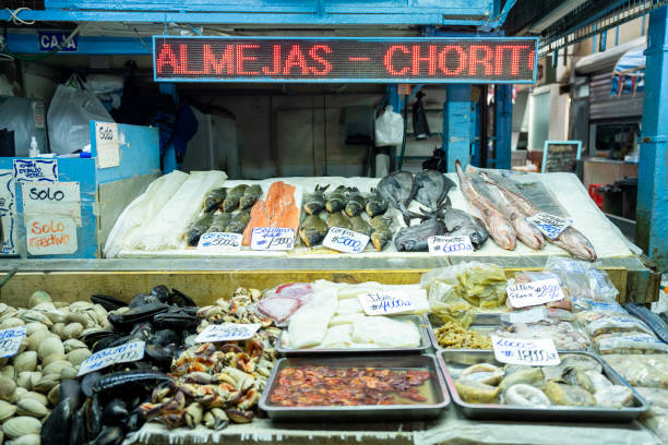 Front view of fish market stall in Santiago, Chile