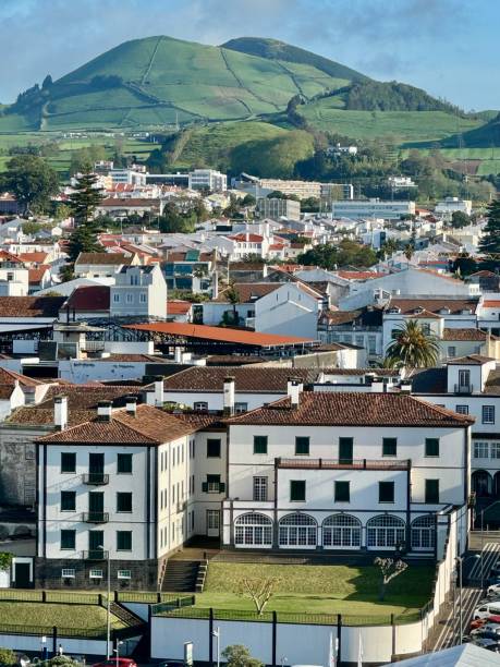 istock Ponta Delgada downtown with bog green mountain 2174707578