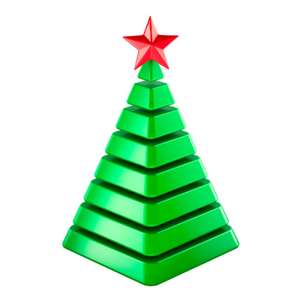 Minimalistic Green Christmas Tree pyramid with red star. 3D rendering