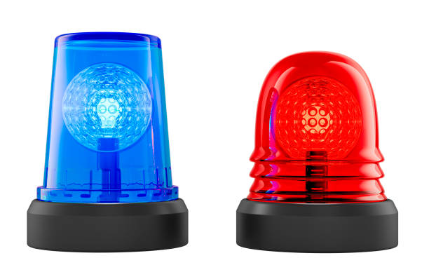 istock Rotating Blue and Red Flashing Beacon. Emergency LED strobe light. 3D rendering 2174710041