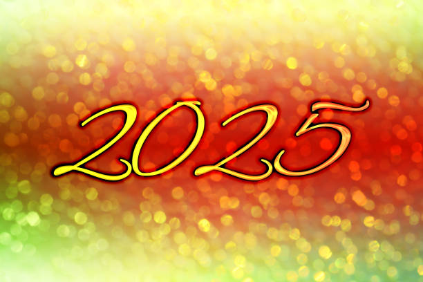 Happy New Year 2025 lettering on a festive sparkling background with beautiful bokeh.