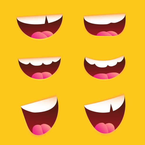 istock Funny Cartoon mouths set with different expressions on yellow background. Smile with teeth, tongue, surprised. 2174711183