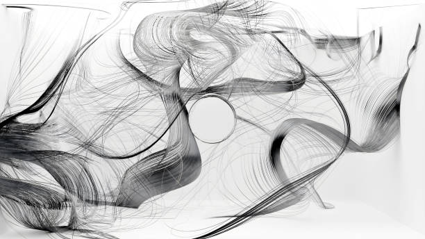 istock 3d render of black and white monochrome abstract art with surreal curved wavy lines forms based on thin metal aluminium threads inside white empty room 2174713995