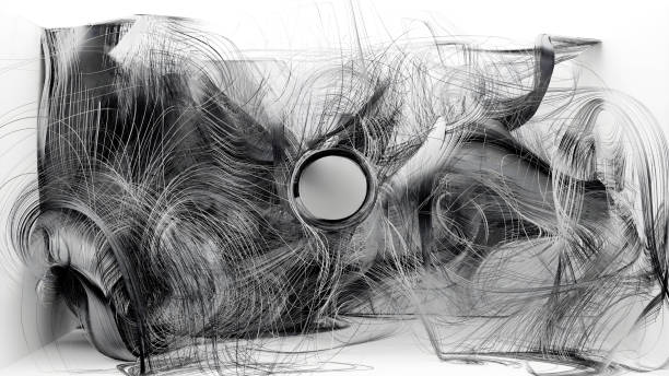 istock 3d render of black and white monochrome abstract art with surreal curved wavy lines forms based on thin metal aluminium threads inside white empty room 2174714017