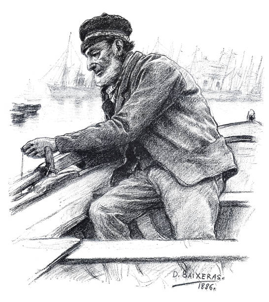 Fisher in fishing boat on river illustration 1887Original edition from my own archivesSource : 1887 La ilustración Artistica