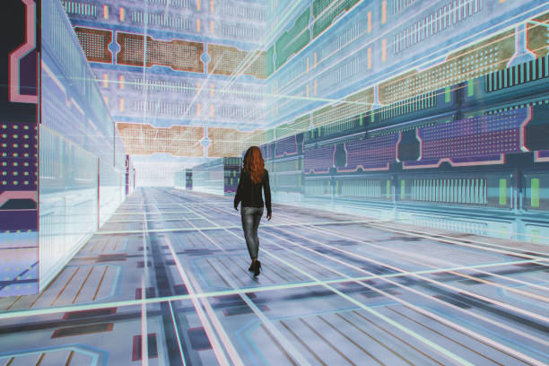 istock Young woman walking in VR environment 2174722366