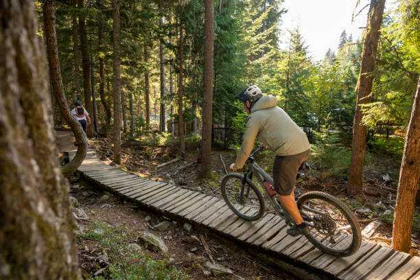 istock Mountain bikers ride across boardwalk through forest 2174734368