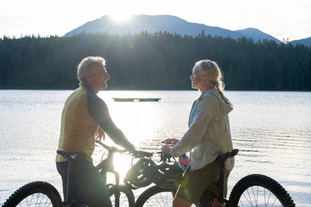 istock Mountain biking couple pause on lakeshore 2174734754