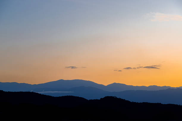 Silhouettes of mountains in various planes at sunset